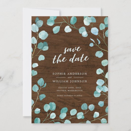 Rustische eucalyptus en bruin hout Bespaar de datu Save The Date (Voorkant)
