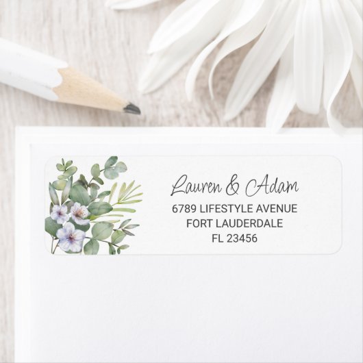 Rustische eucalyptus en Paarse Floral Wedding Etiket (Insitu)