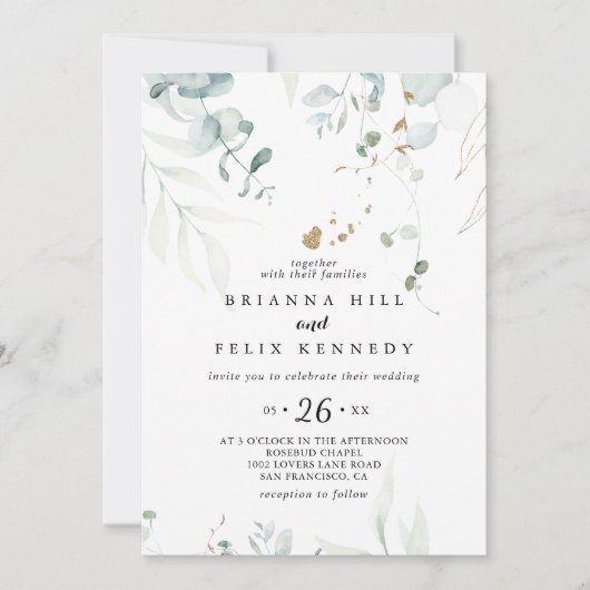 Rustische eucalyptus Gold Floral Casual huwelijk Kaart (Voorkant)