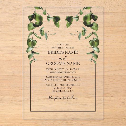 Rustische eucalyptus Leaves Wedding Invitations Acryl Uitnodigingen (Voorkant)