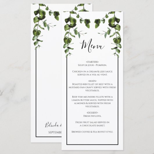 Rustische eucalyptus Leaves Wedding Menu (Voorkant / Achterkant)