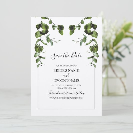 Rustische eucalyptus Leaves Wedding Save The Date (Staand voorkant)