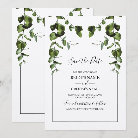Rustische eucalyptus Leaves Wedding Save The Date (Voorkant / Achterkant)