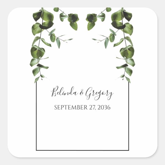 Rustische eucalyptus Leaves Wedding Vierkante Sticker (Voorkant)