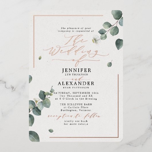 Rustische Eucalyptus & RSVP QR-code Huwelijksroos Folie Uitnodiging (Voorkant)