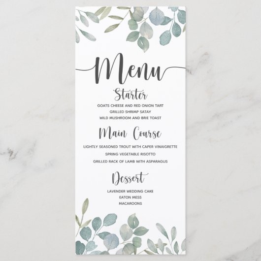 Rustische Eucalyptus waterverf groen en wit huweli Menu (Voorkant)