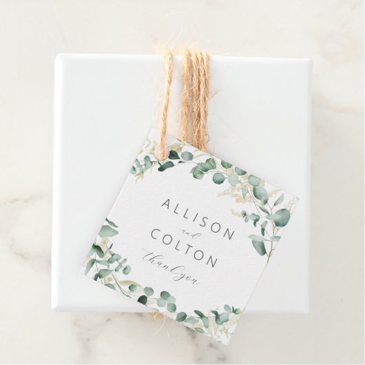 Rustische eucalyptusbruinboho bruiloft bedankjes labels (In situ)