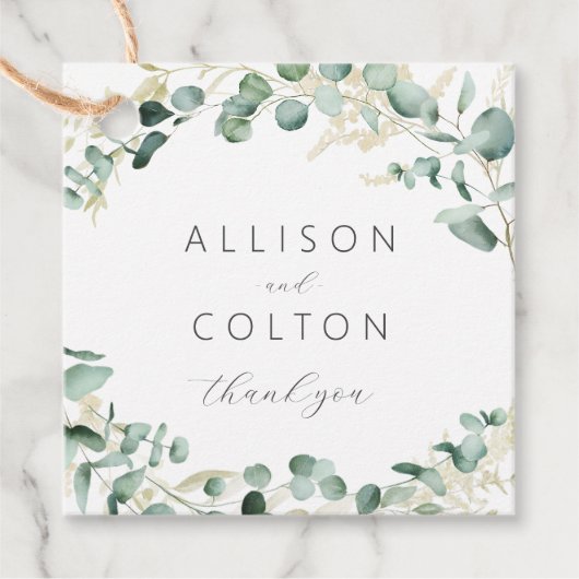 Rustische eucalyptusbruinboho bruiloft bedankjes labels (Voorkant)