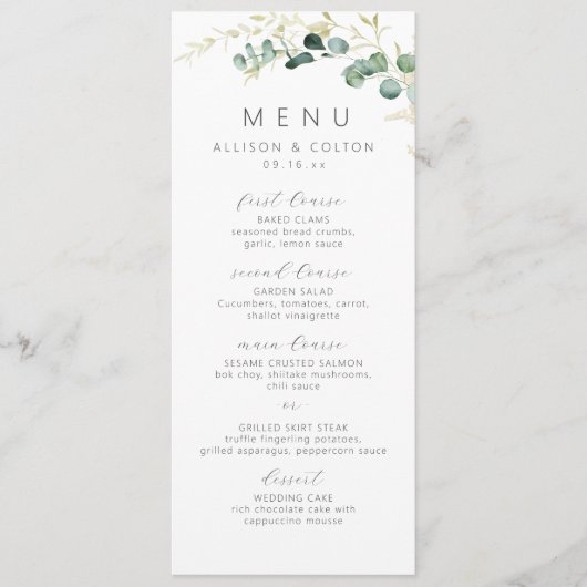 Rustische eucalyptusbruinboho bruiloft menu (Voorkant)