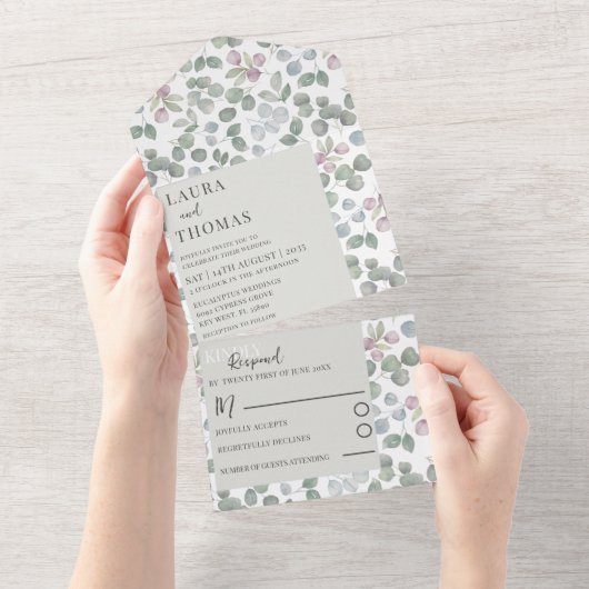 Rustische eucalyputus Sage Green Pattern Wedding All In One Uitnodiging (Afscheurbaar)