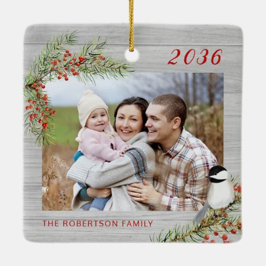 Rustische familie Foto met kerstbeker Keramisch Ornament (Achterkant)