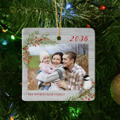 Rustische familie Foto met kerstbeker Keramisch Ornament