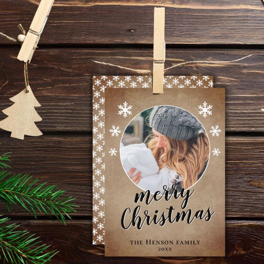 Rustische familie Foto Snowflake Merry Kerstmis Feestdagenkaart