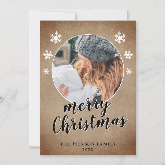 Rustische familie Foto Snowflake Merry Kerstmis Feestdagenkaart (Voorkant)