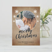 Rustische familie Foto Snowflake Merry Kerstmis Feestdagenkaart (Staand voorkant)