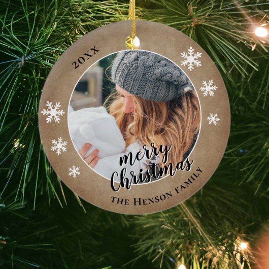 Rustische familie Foto Snowflake Merry Kerstmis Keramisch Ornament