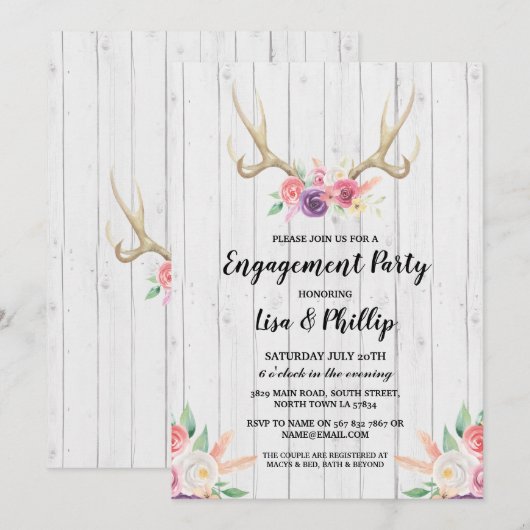 Rustische feestdag — Antler Floral Kaart (Voorkant / Achterkant)