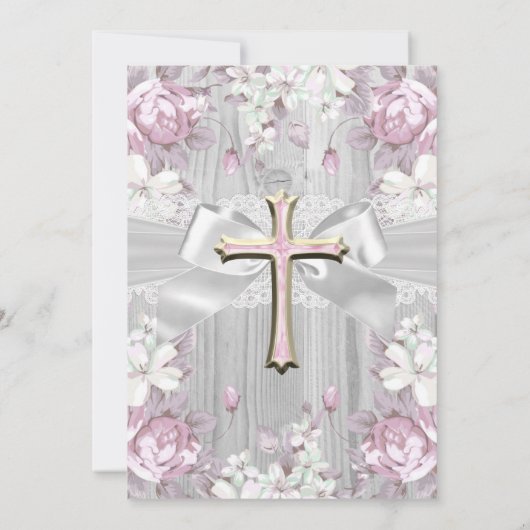 Rustische  Floral Eerste Communiroze 2 Kaart (Achterkant)