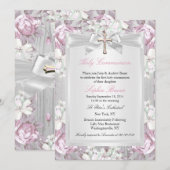 Rustische  Floral Eerste Communiroze 2 Kaart (Voorkant / Achterkant)