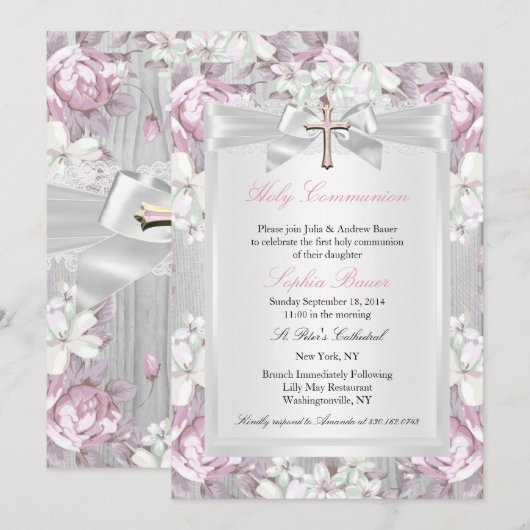 Rustische Floral Eerste Communiroze 2 Kaart (Voorkant / Achterkant)