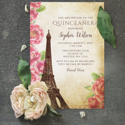  Rustische Floral Eiffeltoren Quinceañera Kaart