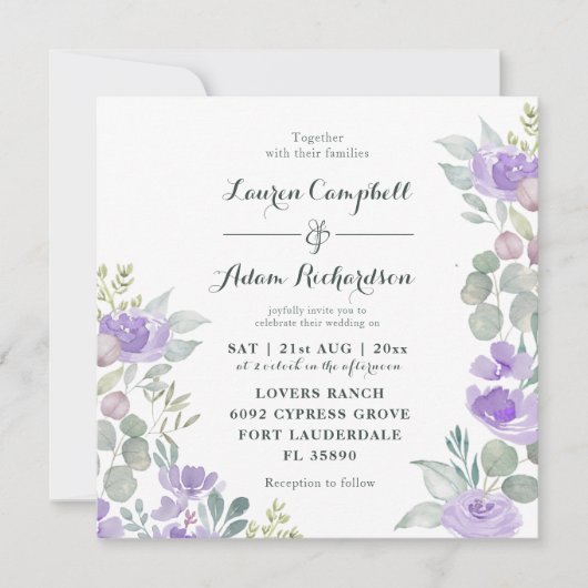 Rustische Floral Eucalyptus Waterverf Paarse bruil Kaart (Voorkant)