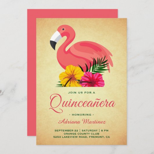 -Rustische Floral Flamingo Quinceanera Kaart (Voorkant / Achterkant)