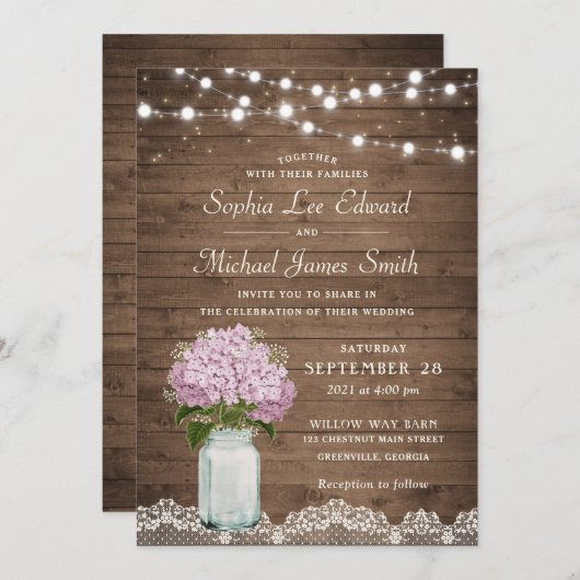 Rustische Floral Lila Hydrangea Mason Jar Lace Lig Kaart (Voorkant / Achterkant)