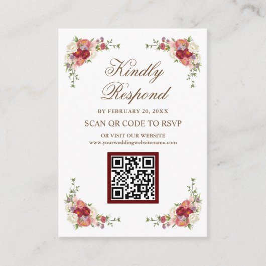 Rustische Floral QR Code RSVP Weddenschap Website Informatiekaartje (Voorkant)