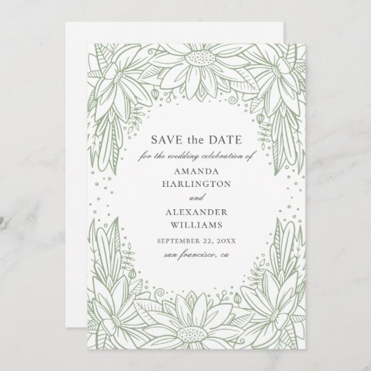 Rustische florale bruiloft. Landengroene bloemen Save The Date (Voorkant / Achterkant)
