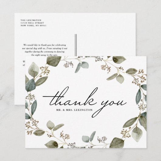 Rustische gezaaide eucalyptuskrans bruiloft bedank briefkaart (Voorkant / Achterkant)