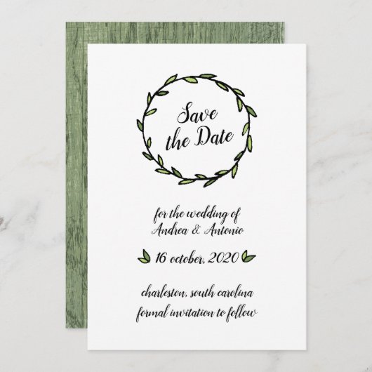 Rustische groene bladerkrans Save the Date (Voorkant / Achterkant)