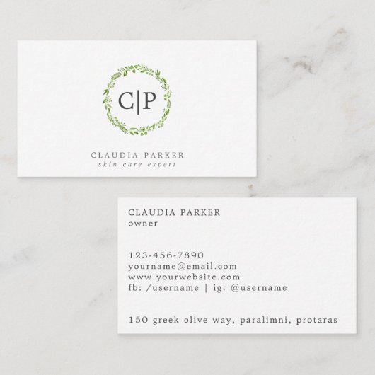 Rustische groene olijf leef Weepmonogram Visitekaartje (Voorkant / Achterkant)