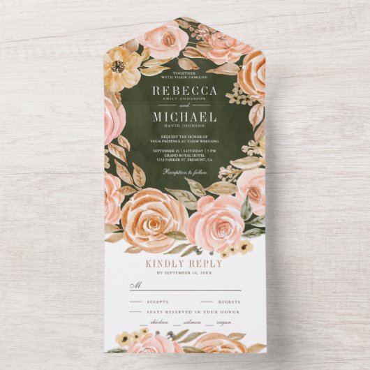 Rustische Herfst Earthy Floral Sage Green Wedding All In One Uitnodiging (Binnen)