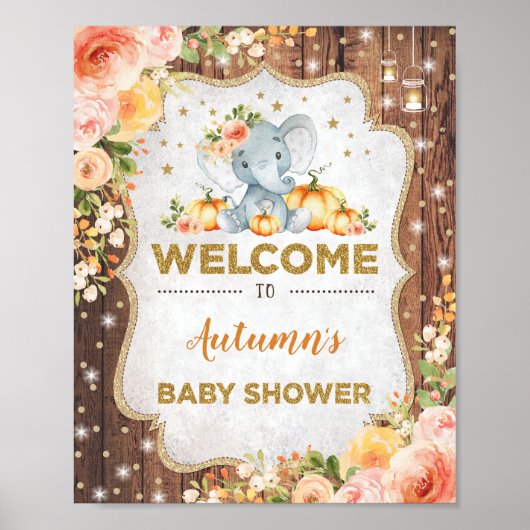 Rustische Herfst Floral Elephant Baby shower Welko Poster (Voorkant)