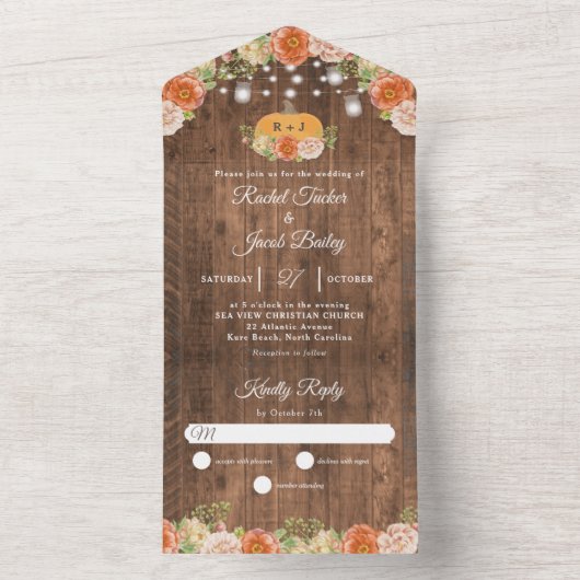 Rustische Herfst Floral Pumpkin String Lights Wedd All In One Uitnodiging (Binnen)