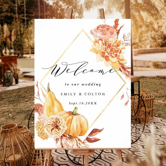 Rustische Herfst Floral Pumpkin Wedding Welkomstte Poster