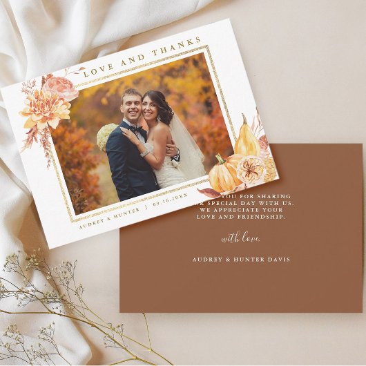 Rustische Herfst Floral Wedding Gold Lijst Foto Bedankkaart