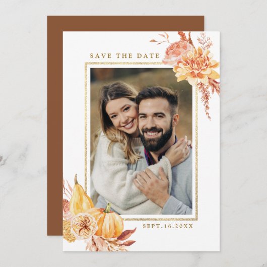 Rustische Herfst Floral Wedding Gold Lijst Foto Save The Date (Voorkant / Achterkant)