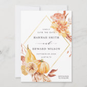 Rustische Herfst Gold Floral Pumpkin Weddenfoto Save The Date (Voorkant)