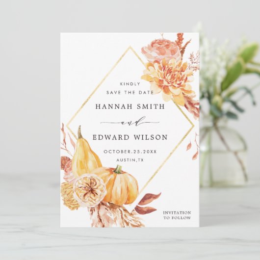 Rustische Herfst Gold Floral Pumpkin Weddenfoto Save The Date (Staand voorkant)