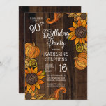 Rustische Herfst |Herfst Zonnebloemen 90th Birthda Kaart<br><div class="desc">Herfst landelijke bijtende oogsttijd | 90e herfst van de Birthday Party op een faux donkere houten achtergrond. Composietontwerp door vakantieharten Design (gereserveerde rechten).</div>