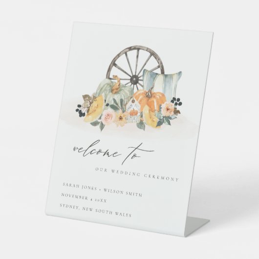 Rustische Herfst Pumpkin Leafy Floral Wedding Welk Reclamebord Met Voetstuk (Voorkant)