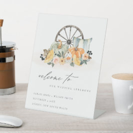 Rustische Herfst Pumpkin Leafy Floral Wedding Welk Reclamebord Met Voetstuk