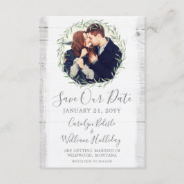 Rustische houten en botanische bladerenkranz Save Kaart