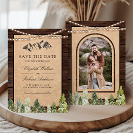 Rustische houten kraft berg bos foto bruiloft save the date