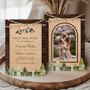 Rustische houten kraft berg bos foto bruiloft save the date