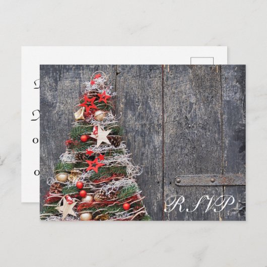Rustische Houten Landelijke Kerstboom Rood Goud Uitnodiging Briefkaart (Voorkant / Achterkant)