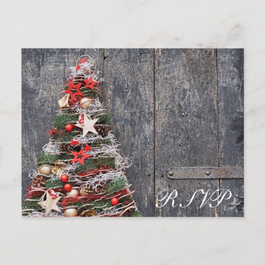 Rustische Houten Landelijke Kerstboom Rood Goud Uitnodiging Briefkaart (Voorkant)
