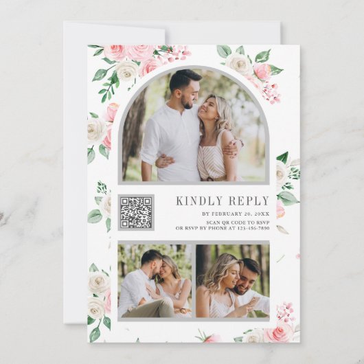 Rustische Ivory Blush Pink Floral QR Code Weddensc Kaart (Achterkant)